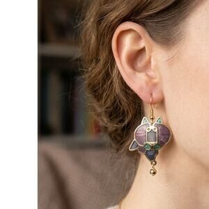 Laurel Burch Purple and Green Cats Hieroglyphic Cats Earrings 80s